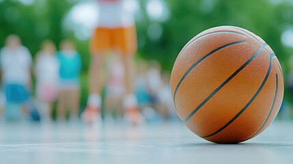 A basketball sits on the court's surface as players engage in a friendly game nearby. The backdrop features a lush green park under clear skies, showcasing an active outdoor environment