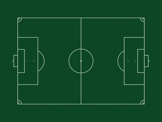 Top down view of a green soccer field with white lines