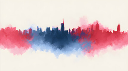 Abstract watercolor skyline with red and blue hues