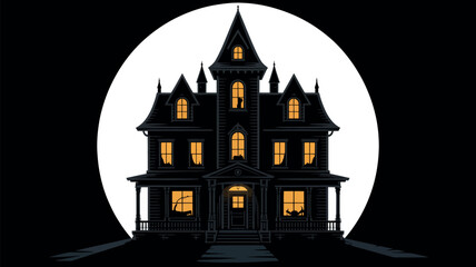 Spooky victorian mansion silhouette against a full moon