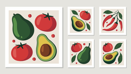 Vibrant still life collection of avocados tomatoes and chili peppers