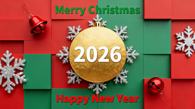 Christmas balls, snowflakes and 2026, Christmas celebration, New Year's departure and double holidays, Christmas and New Year joint celebration, holiday decoration materials.
