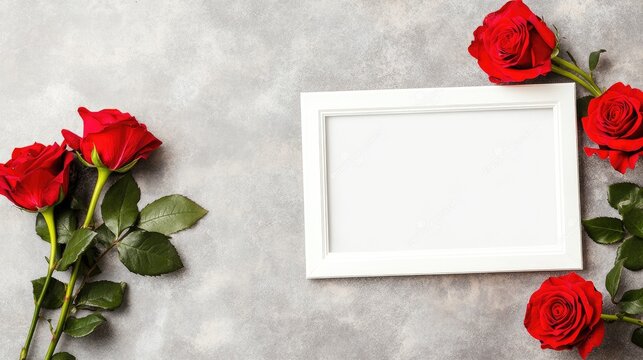 A flat lay arrangement features a white photo frame surrounded by vibrant red roses on a dark gray stone table. This setup is perfect for Valentine's Day themed designs and invitations