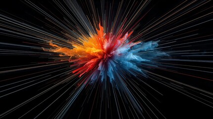 Vivid abstract explosion of colorful light and energy on dark background symbolizing creativity, speed, power, and futuristic motion, vibrant digital wallpaper with dynamic visual depth