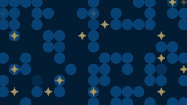 Clusters of blue circles and scattered gold stars on dark background. Abstract and festive. Loop animation.