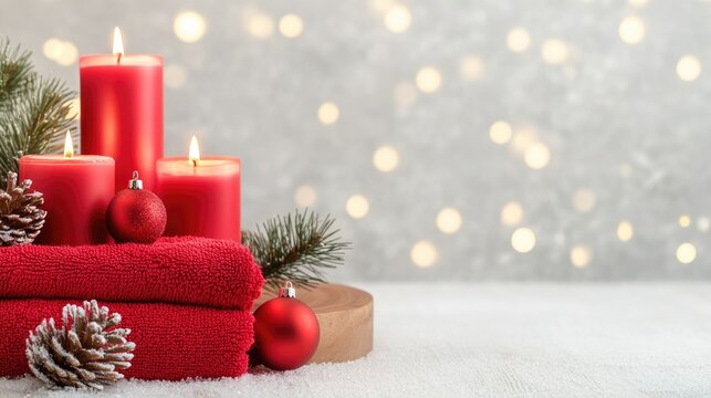 This serene spa setting features plush red towels and glowing candles, accented by pine branches and ornaments, all set against a snowy background ideal for holiday relaxation