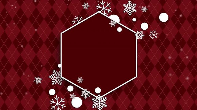 White snowflakes and circles surrounding dark red hexagon on red diamond patterned background. Festive winter frame. Loop animation.