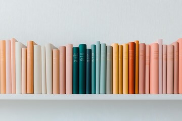 Colorful book collection arranged on white shelf featuring pastel, teal, and mustard spines creating minimalist aesthetic for home decor or library display.