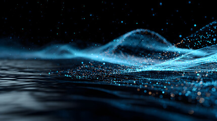 Blue digital ripple wave with floating particles