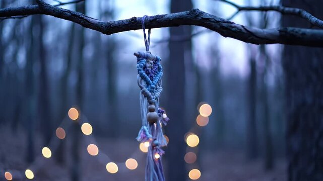 Close Up Shot Of A Macrame Dream Catcher Hanging From A Tree Branch with Soft Bokeh Lights In Forest Background
