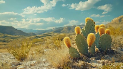 Prickly pear cactus with yellow blooms in arid desert landscape under blue sky with fluffy clouds, mountains in background.