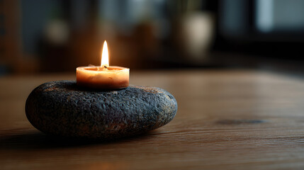Burning candle resting on smooth stone over wooden tabletop