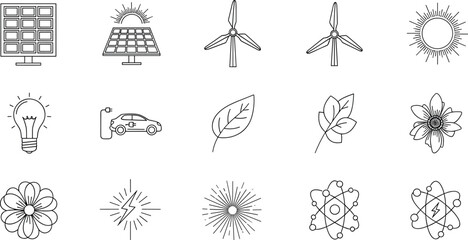 Eco energy icon set featuring solar panels, wind turbines, electric car, light bulb, leaves, sun and nature symbols for sustainability projects