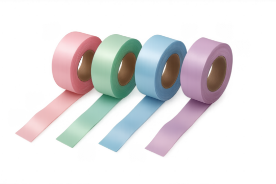 Pastel satin ribbons on spools unrolling for crafts