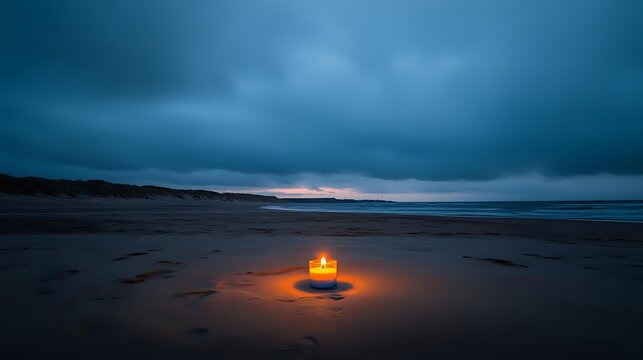 Glowing candles illuminate empty beach at dusk, dramatic stormy clouds hover over dark ocean horizon with faint sunset light. - Powered by Adobe