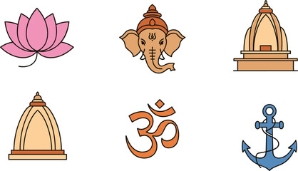 Colorful Hindu spiritual icons with lotus flower, Ganesha face, Om symbol, temple designs and nautical anchor for cultural artwork
