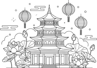 Traditional Asian pagoda with hanging lanterns, lotus flowers and clouds in detailed line art style for cultural architecture and festival design