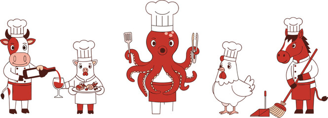 cartoon animal chefs cooking cleaning and serving food including cow pig octopus chicken and horse perfect for restaurant mascots culinary designs illustrations