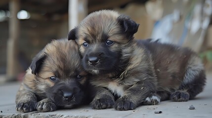 Two fluffy German Shepherd puppies with brown and black fur lying close together on concrete surface, perfect for pet adoption or animal companionship themes.