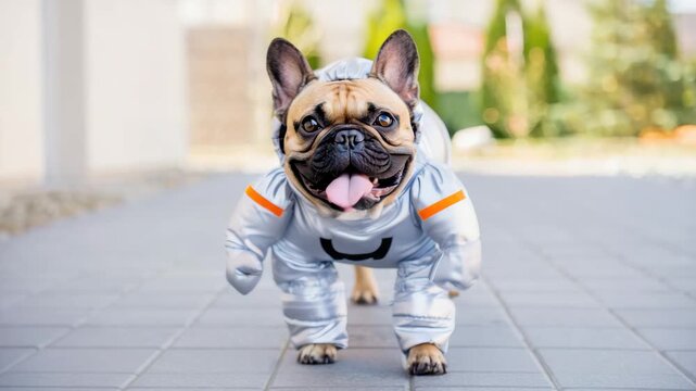 French bulldog in silver astronaut costume outdoors, funny pet outfit, space-themed dog clothing, festive costume walk, creative animal fashion, playful street scene, themed dogwear