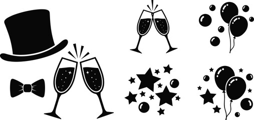Celebration party icons with champagne glasses top hat bow tie balloons stars bubbles and festive elements in elegant black silhouette style design