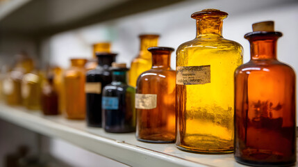 Collection of Amber Bottles on Shelf in Clean Clinical Lab
