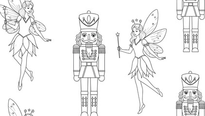Elegant fairy characters and classic nutcracker soldier line art illustration set perfect for Christmas coloring pages festive artwork and holiday designs