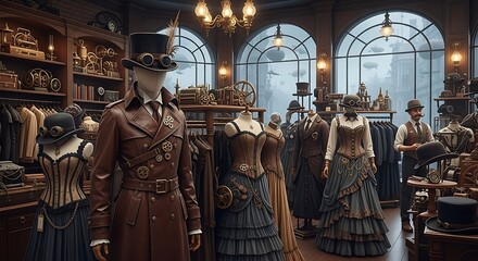 Naklejka premium Steampunk Fashion Boutique with Mannequins Displaying Victorian-Inspired Attire and Accessories.