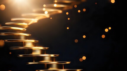 Naklejka premium Golden spiral staircase of light with glowing particles against dark background, creating magical atmosphere for fantasy or spiritual concepts.