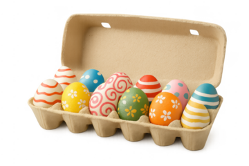 Colorful decorated easter eggs in carton, transparent background