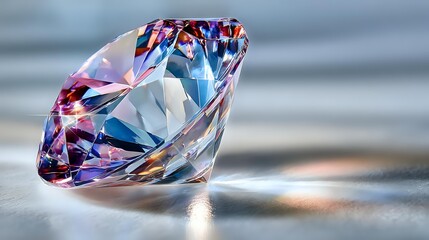 Colorful crystal diamond gemstone with blue and pink reflections on smooth surface, luxury jewelry concept for high-end design projects.