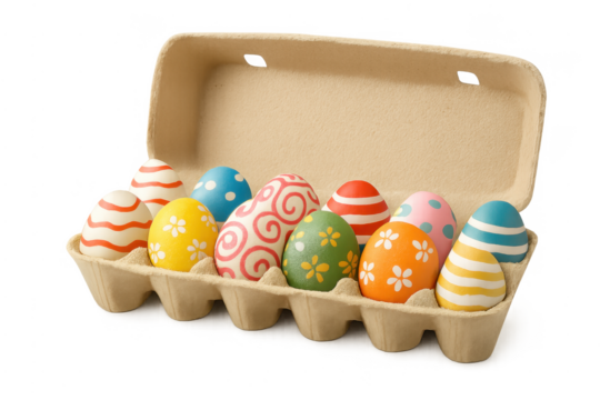 Colorful decorated easter eggs in carton, transparent background