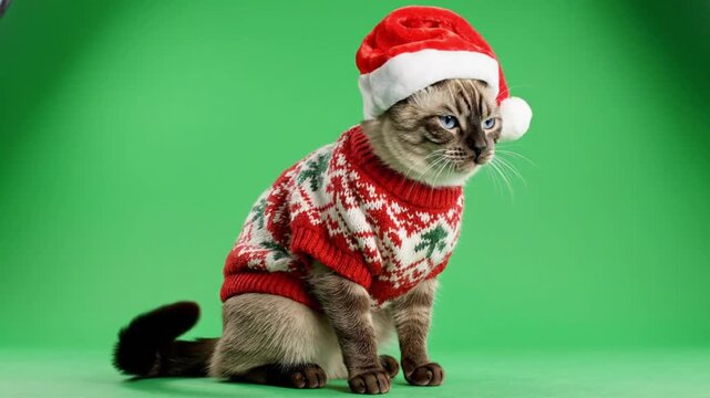 Cat wearing santa hat and christmas sweater sitting on a green screen background looking at the camera