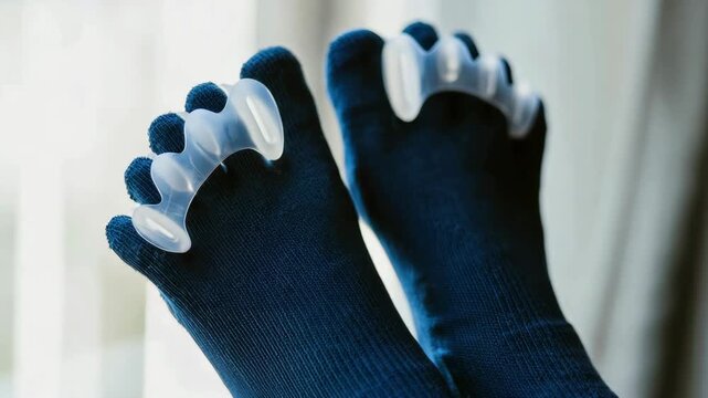 Silicone toe separators on navy socks, alignment device for bunion relief, toe stretching yoga recovery, pedicure care at home, orthopedic wellness, soft light background, close-up details