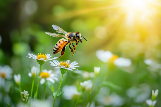 Generative AI image of bee collecting pollen on daisy flower in sunlit summer meadow with green natural forest background and warm light - Powered by Adobe