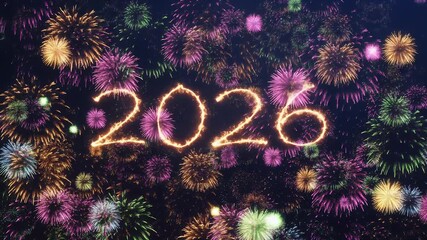 Spectacular New Year's Eve fireworks display forming 2024 against starry sky, celebrating new beginnings and festive cheer, perfect for holiday promotions