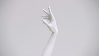 Minimalist white mannequin hand gesture of peace or victory against a soft grey background
