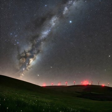 The night view of the wind power generator with the Milky Way shining