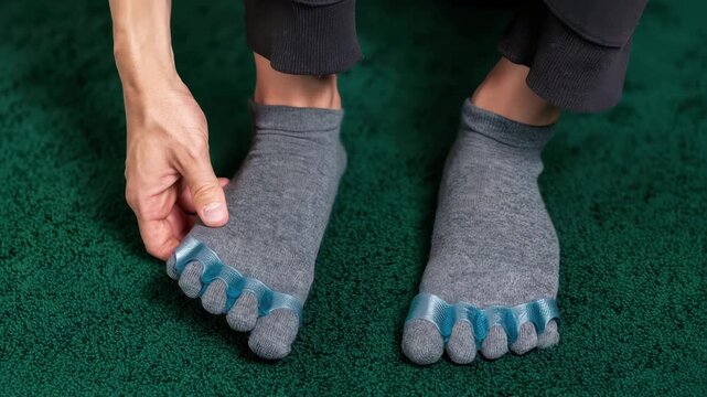 Feet in toe socks with silicone separators on green carpet, toe alignment, foot care routine, orthopedic accessory, home therapy, posture correction, foot wellness, muscle relaxation