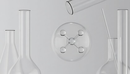 Abstract arrangement of clear glass laboratory equipment against a neutral background