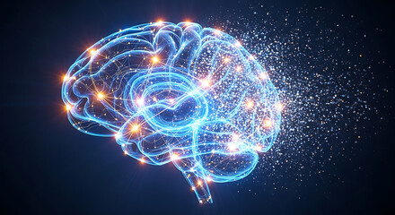 Glowing blue and purple translucent human brain with golden neural pathways, dissolving into streams of data and geometric particles. Cinematic digital art.