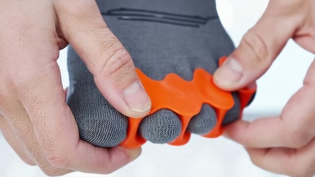 Hands putting orange toe separator on foot in socks, foot alignment tool, orthopedic accessory, toe stretching, home therapy, posture correction, foot care routine, mobility support