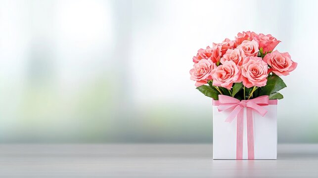 A bouquet of vibrant red roses placed in a stylish gift box sits on a table, showcasing bright colors and a minimalist living room backdrop, perfect for any occasion