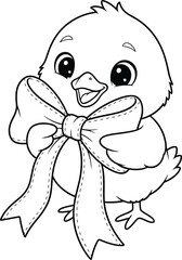 Cute baby chick holding big bow coloring page – adorable cartoon bird line art for kids and holiday activity books