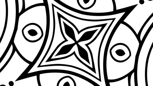 Ethnic mandala with decorative ornament: fishes, wind, and ships. Zentangle stylized black seashell. Ornament rotation. Rotates from smallest to largest. Hand-drawn sketch. 2D flat animation.