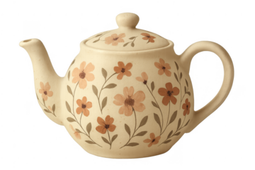 Ceramic teapot with floral pattern on transparent background