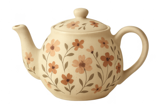 Ceramic teapot with floral pattern on transparent background