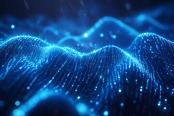 Generative AI abstract visualization of colorful sound waves and acoustic data flow with glowing particles in motion across dark background