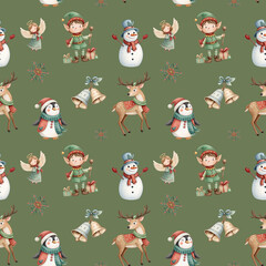 Cute Christmas Seamless Pattern with Elf, Snowman and Reindeer