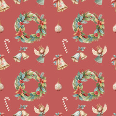 Christmas Wreath and Angel Seamless Pattern Red